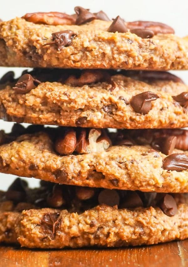 A close up picture of a stack of 4 Chocolate Chip Pecan Cookies.