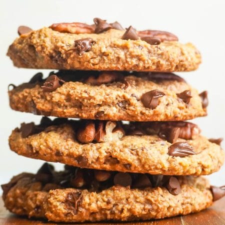 A stack of 4 Chocolate Chip Pecan Cookies.
