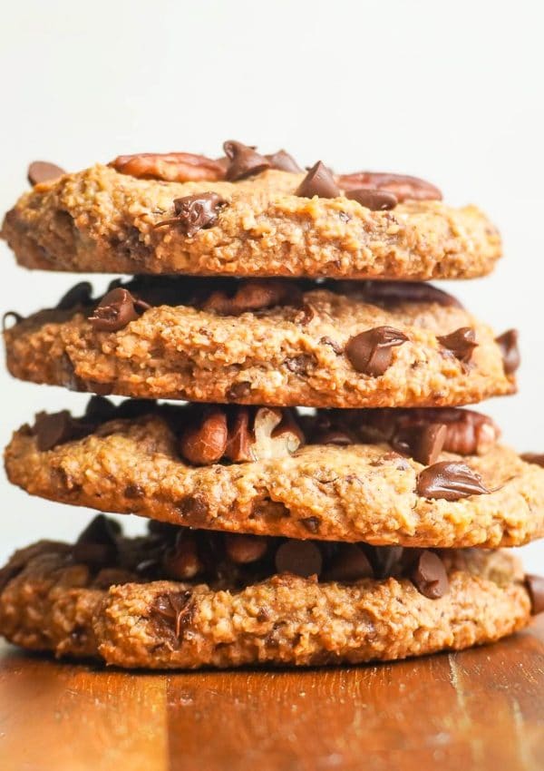 A stack of 4 Chocolate Chip Pecan Cookies.