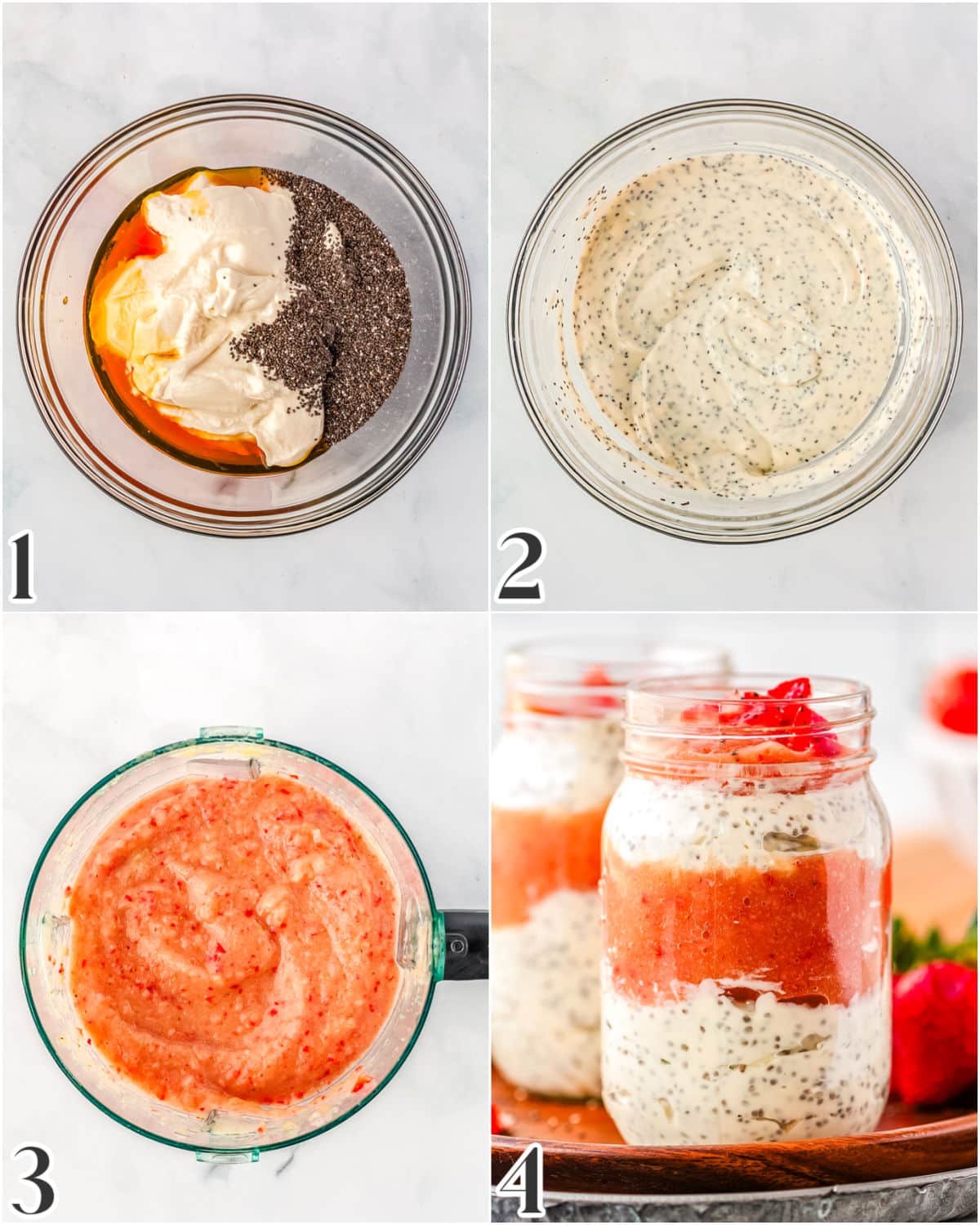This is a picture collage showing how to make the recipe, from mixing the Greek yogurt and chia seeds together to assembling the parfaits.