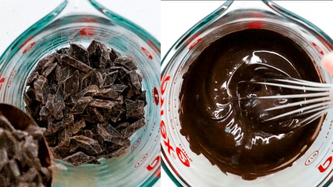 A picture collage showing how to melt dark chocolate.