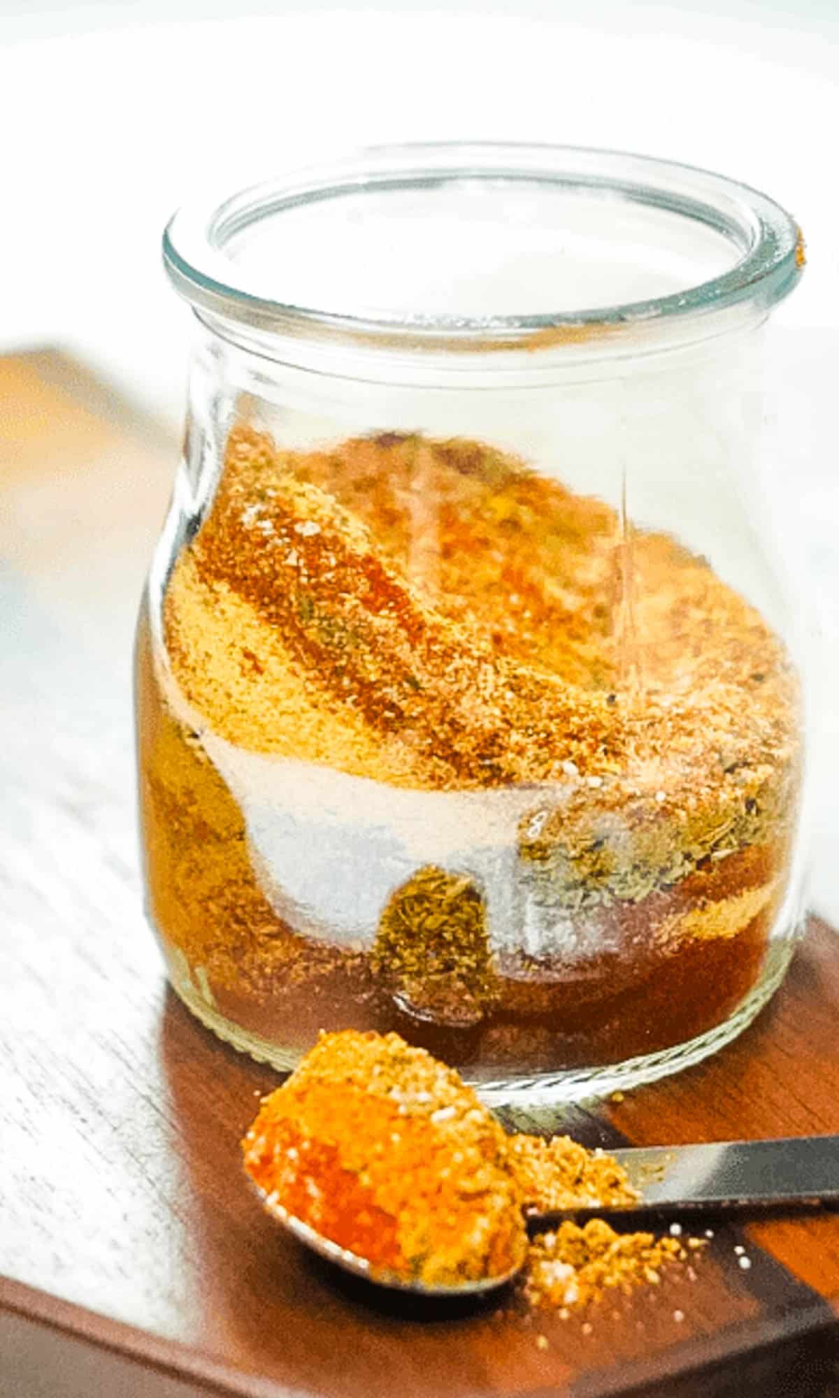 A jar of blackened seasoning.