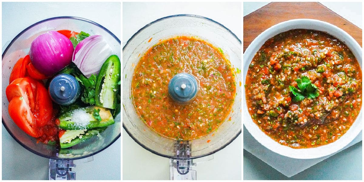A picture collage show how to make Mexican Salsa.