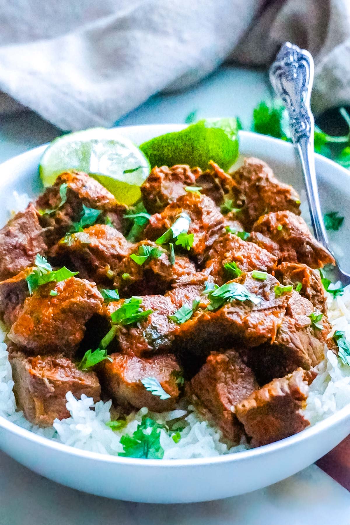 A close up picture of the finished Instant Pot Barbacoa Beef served over white rice with chopped cilantro.