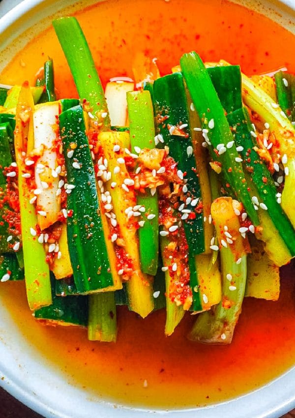 A close up picture of the finished Cucumber Kimchi recipe.