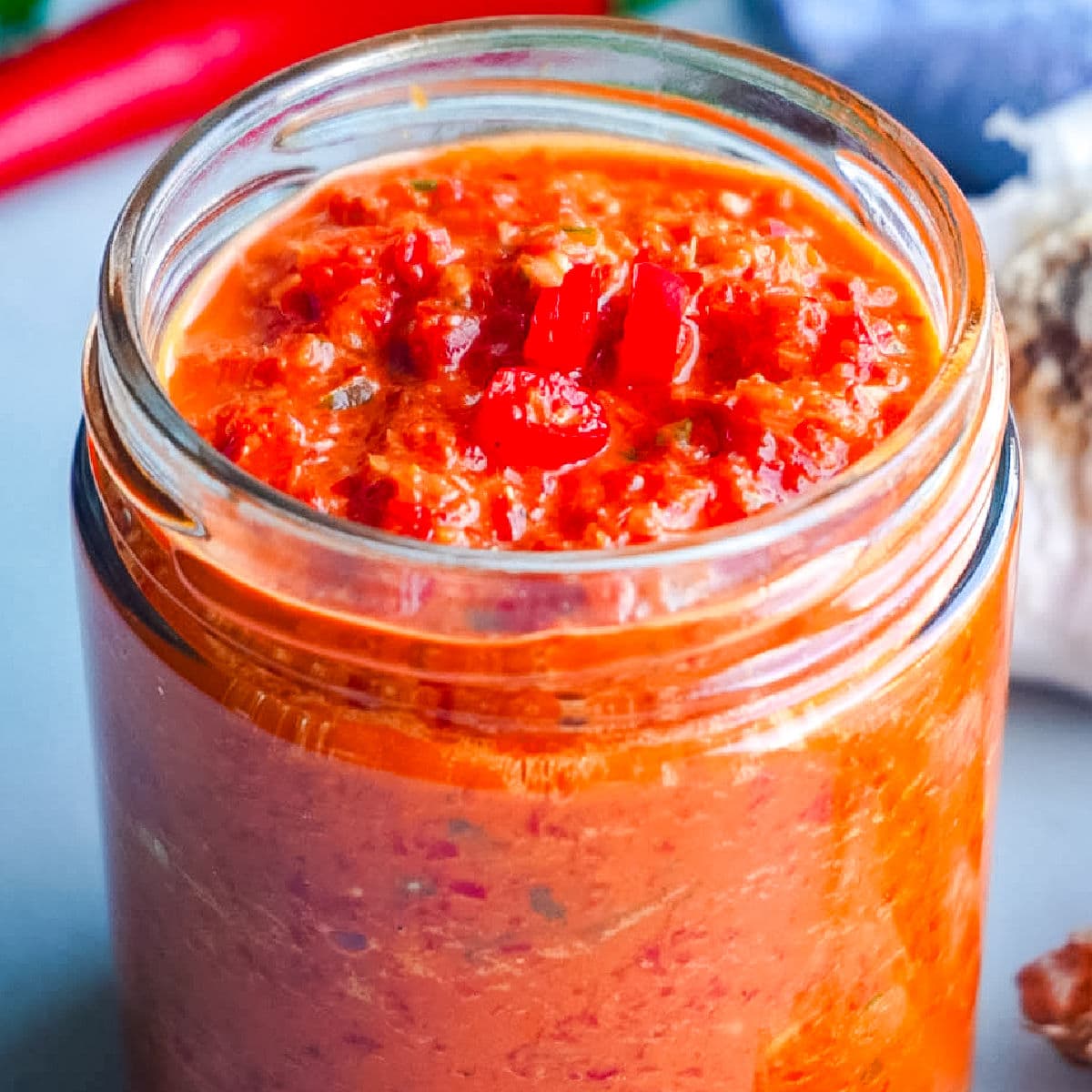 The finished Thai red curry paste in a storage jar.