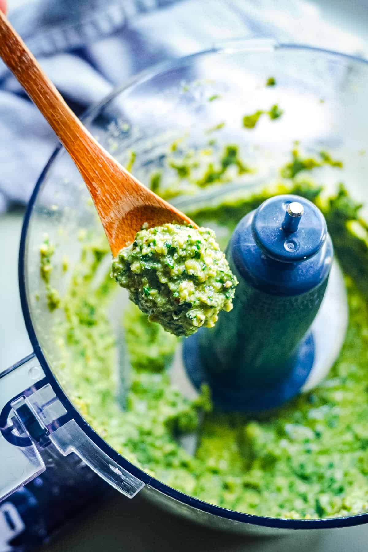 A wooden spoon picking up some walnut basil pesto fresh from the blender.
