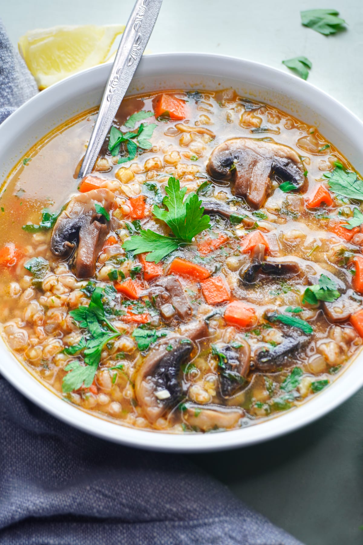 healthy farro soup with mushrooms and carrots