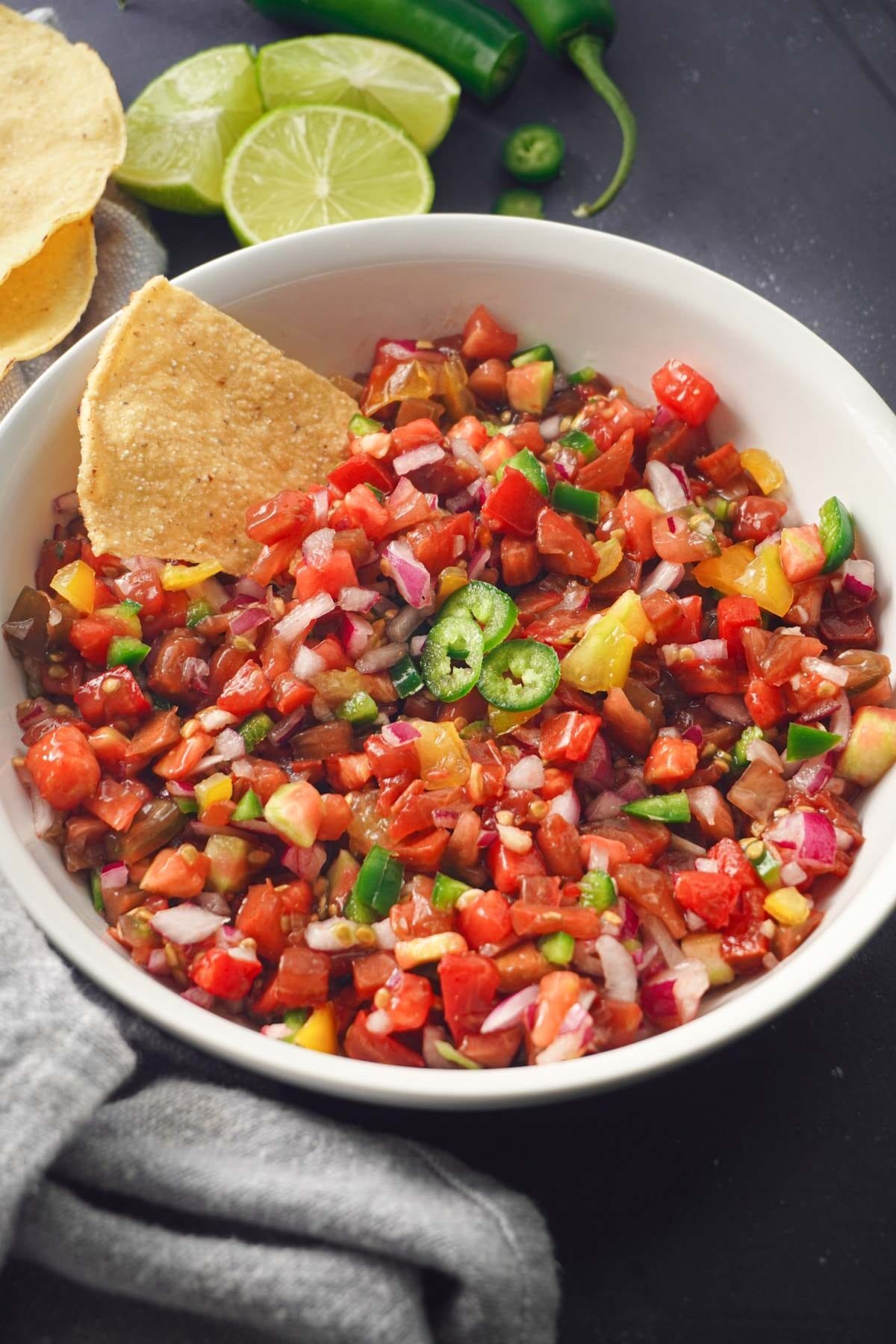 a big bowl of salsa with no cilantro