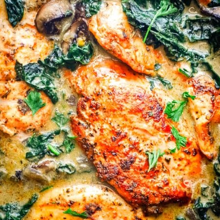 A lose up picture of chicken with mushrooms .