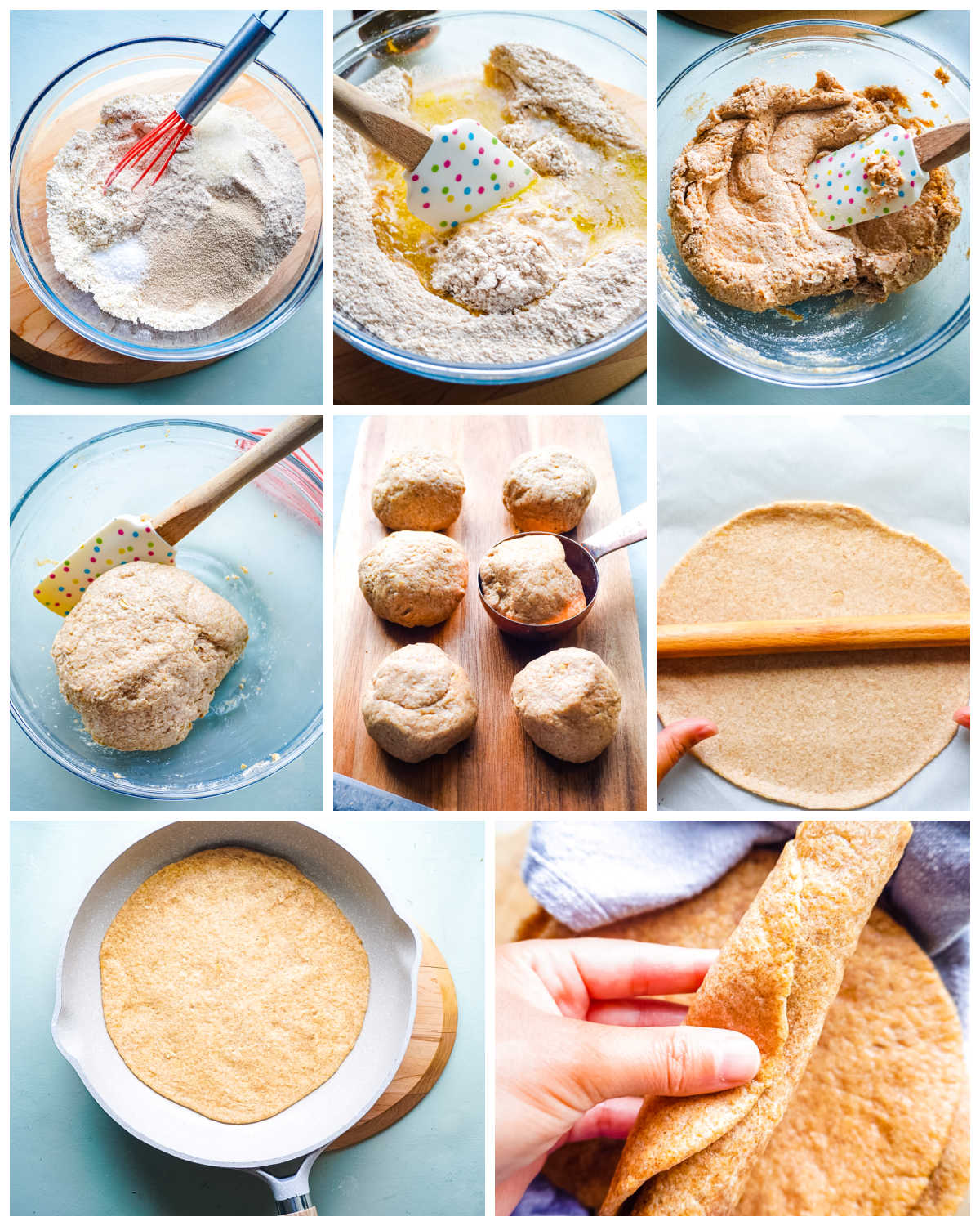 A picture collage showing how to make these Healthy Tortillas.