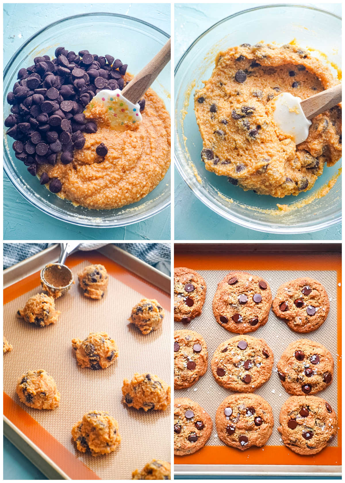 A picture collage showing how to make this almond flour chocolate chip cookie recipe.