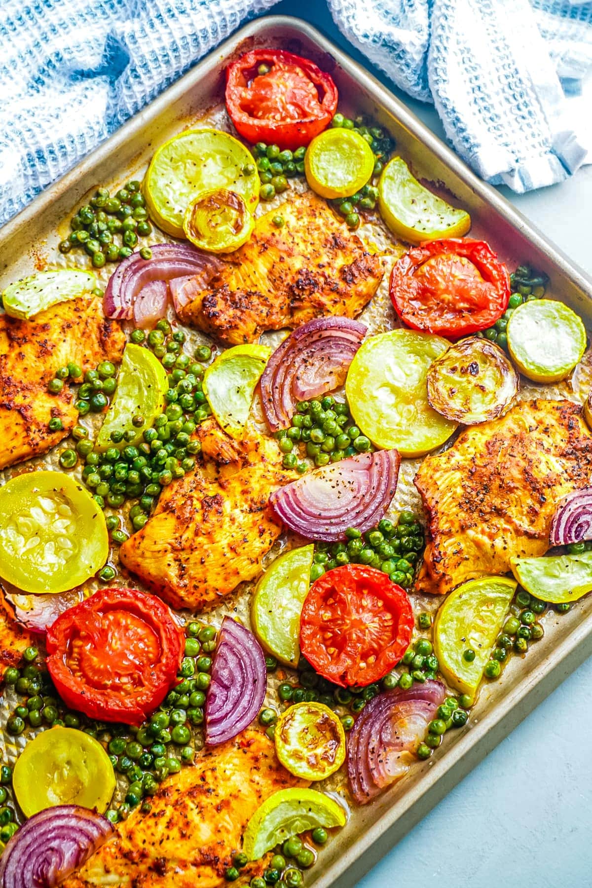 An overhead picture of the finished Sheet Pan Chicken and Vegetables. 