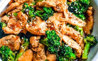 An overhead picture of the finished Chinese Chicken and Broccoli in a white serving bowl.