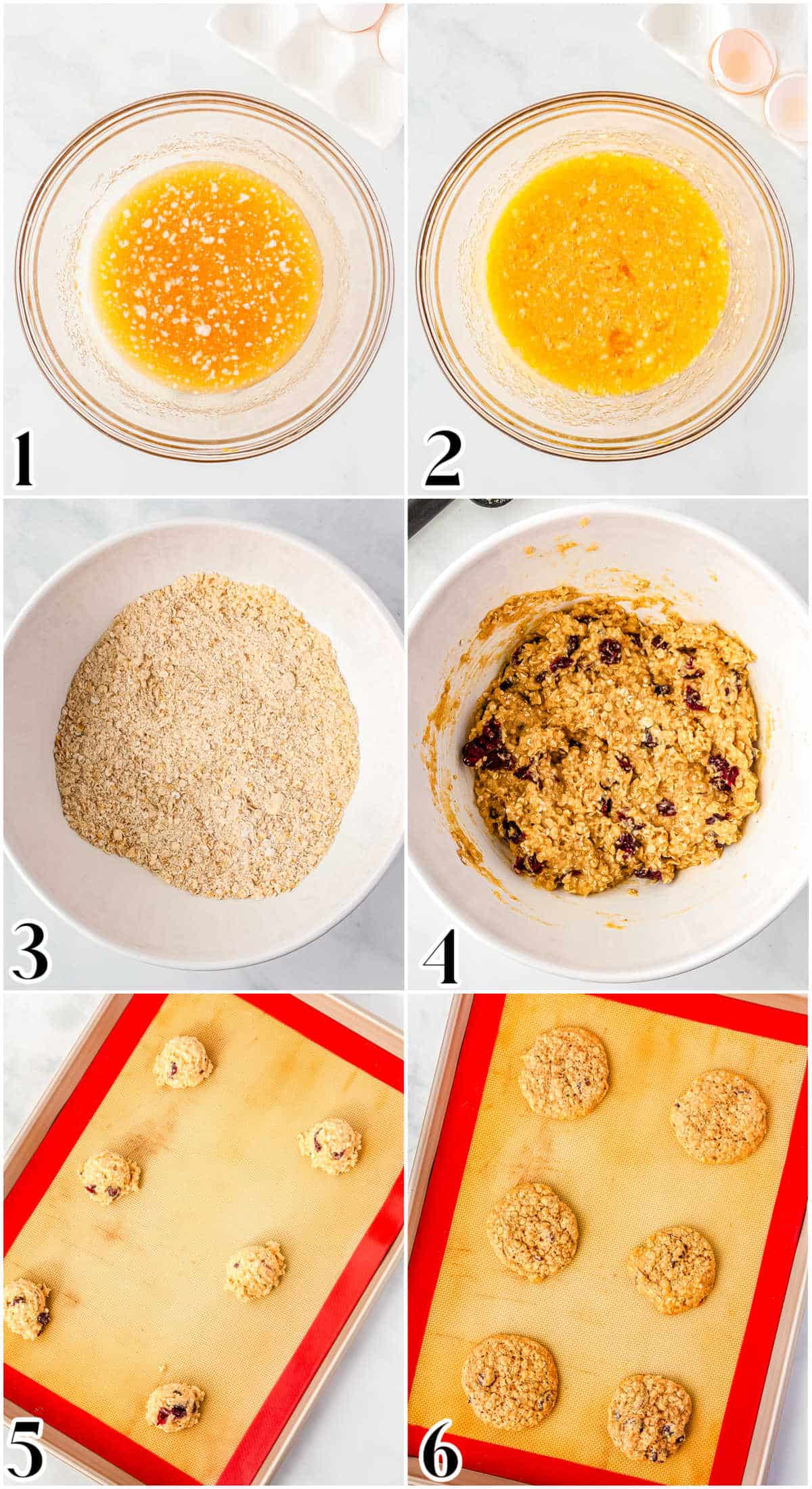 A picture collage showing how to make these cookies from melting coconut oil to baking and cooling the cookies.