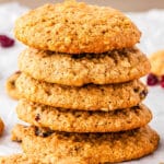 Five gluten-free oatmeal cookies stacked on top of each other.