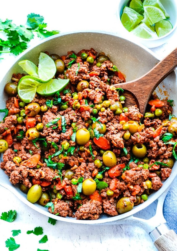 An overhead picture of the finished Picadillo Recipe in a pan.