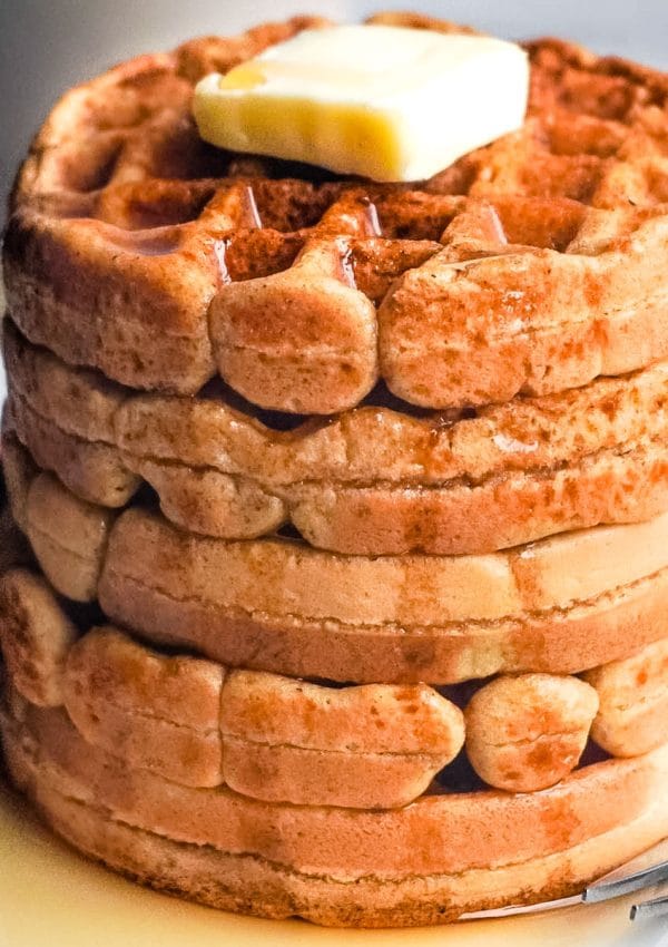 A close up picture of a stack of the Gluten Free Waffles Recipe.