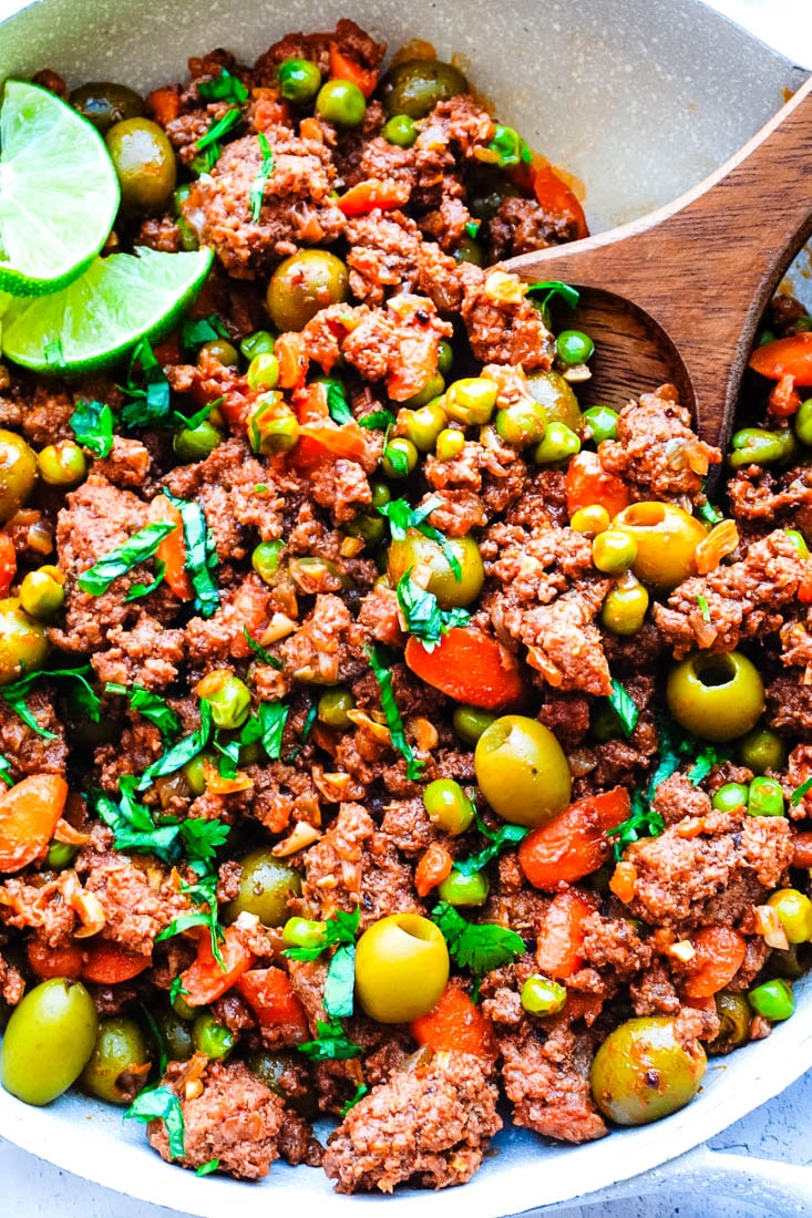 A close up picture of the finished Picadillo Recipe in a frying pan.