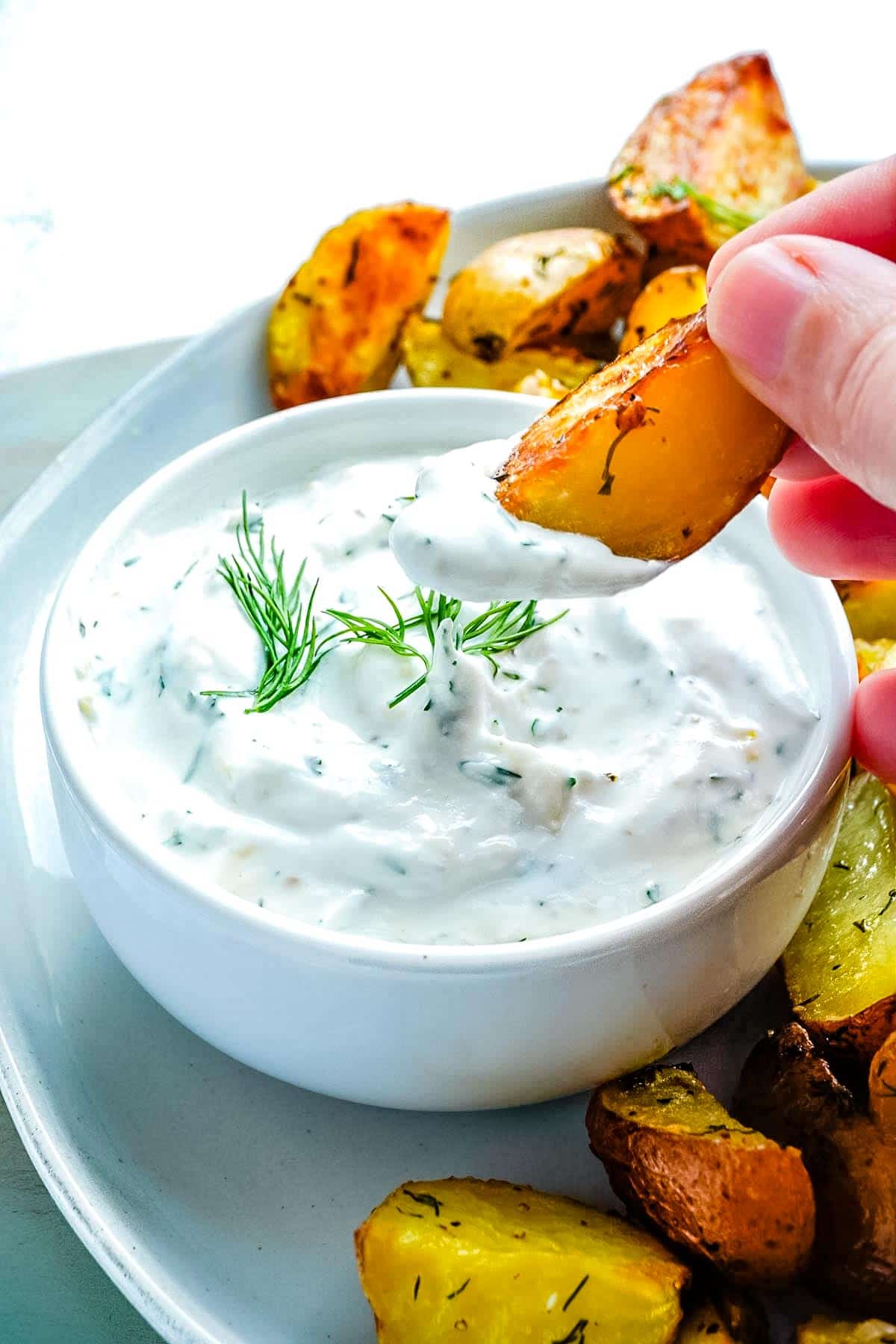 A Roasted Potatoes bring dipped into yogurt dill sauce.