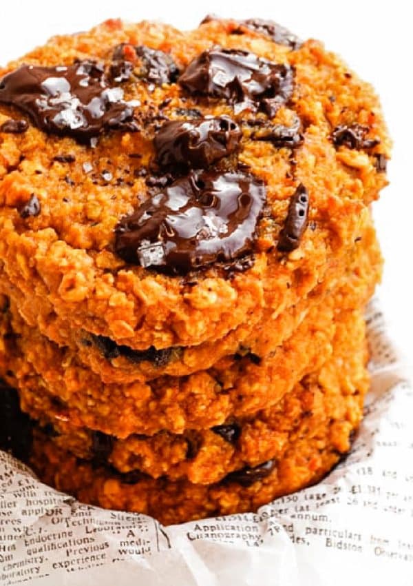 A close up picture of the finished Sweet Potato Oat Cookies stacked on each other.