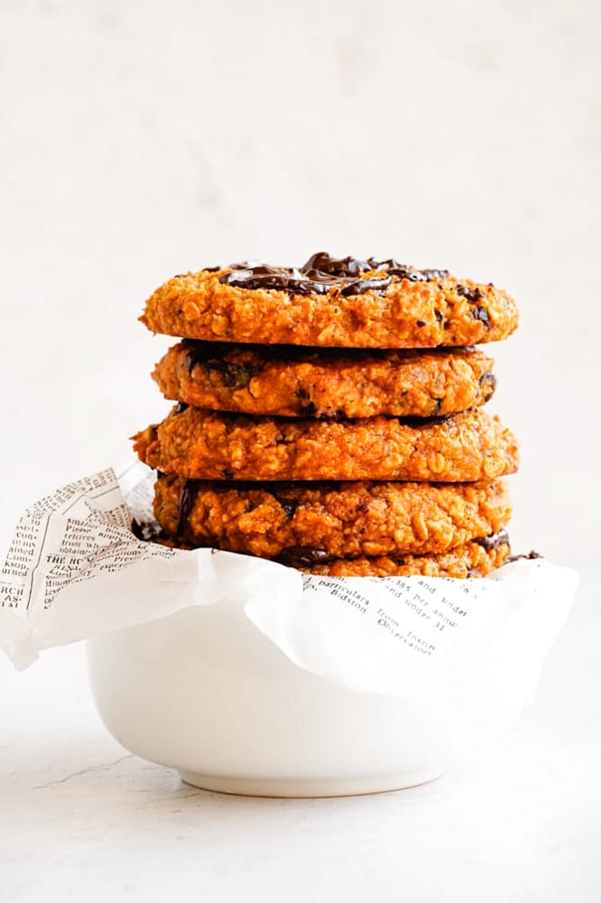 The Sweet Potato Oatmeal Cookies stacked on top of each other.