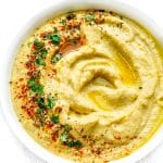 An overhead picture of a bowl full of Zucchini Hummus.