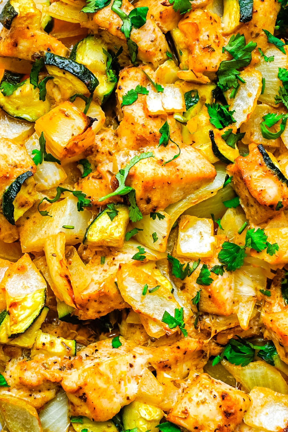 A close up picture of the finished Easy Baked Chicken and Zucchini Recipe.