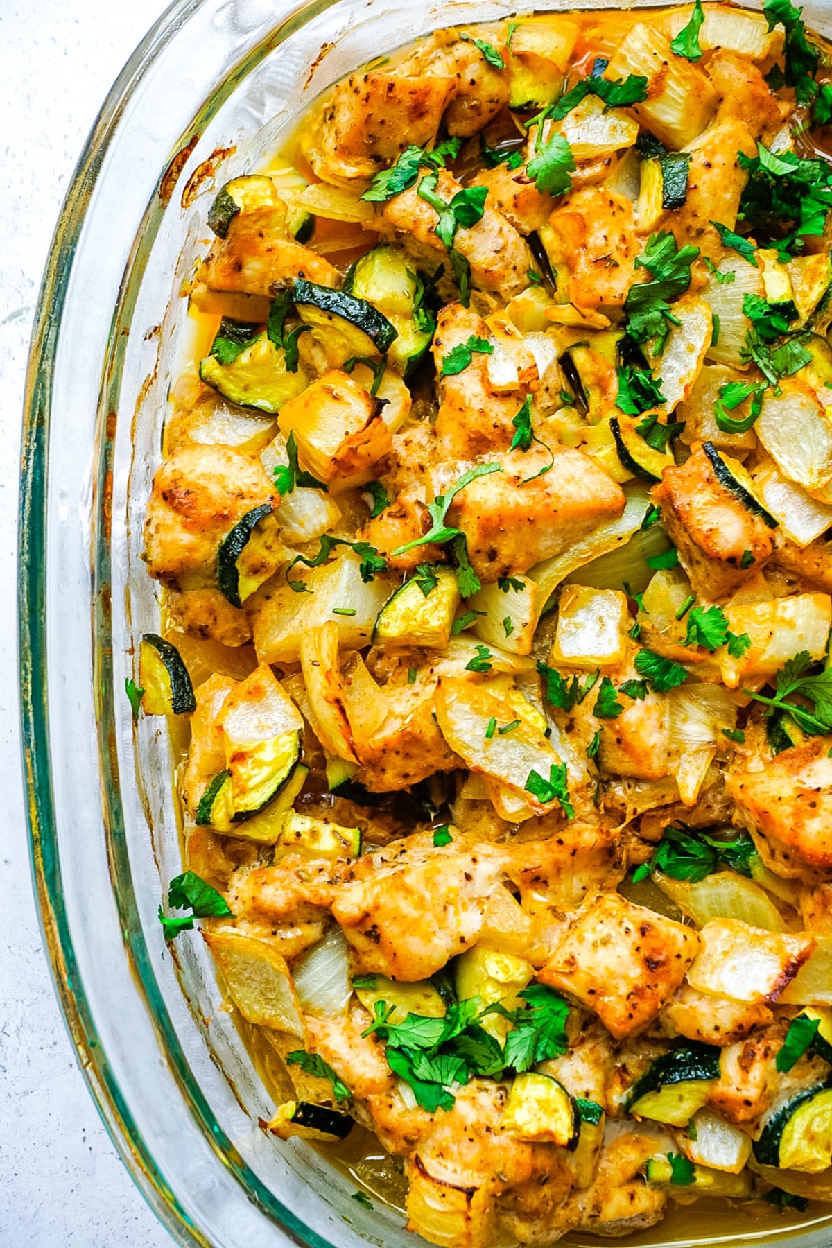 A close up picture of the Chicken and Zucchini Bake in a casserole dish.
