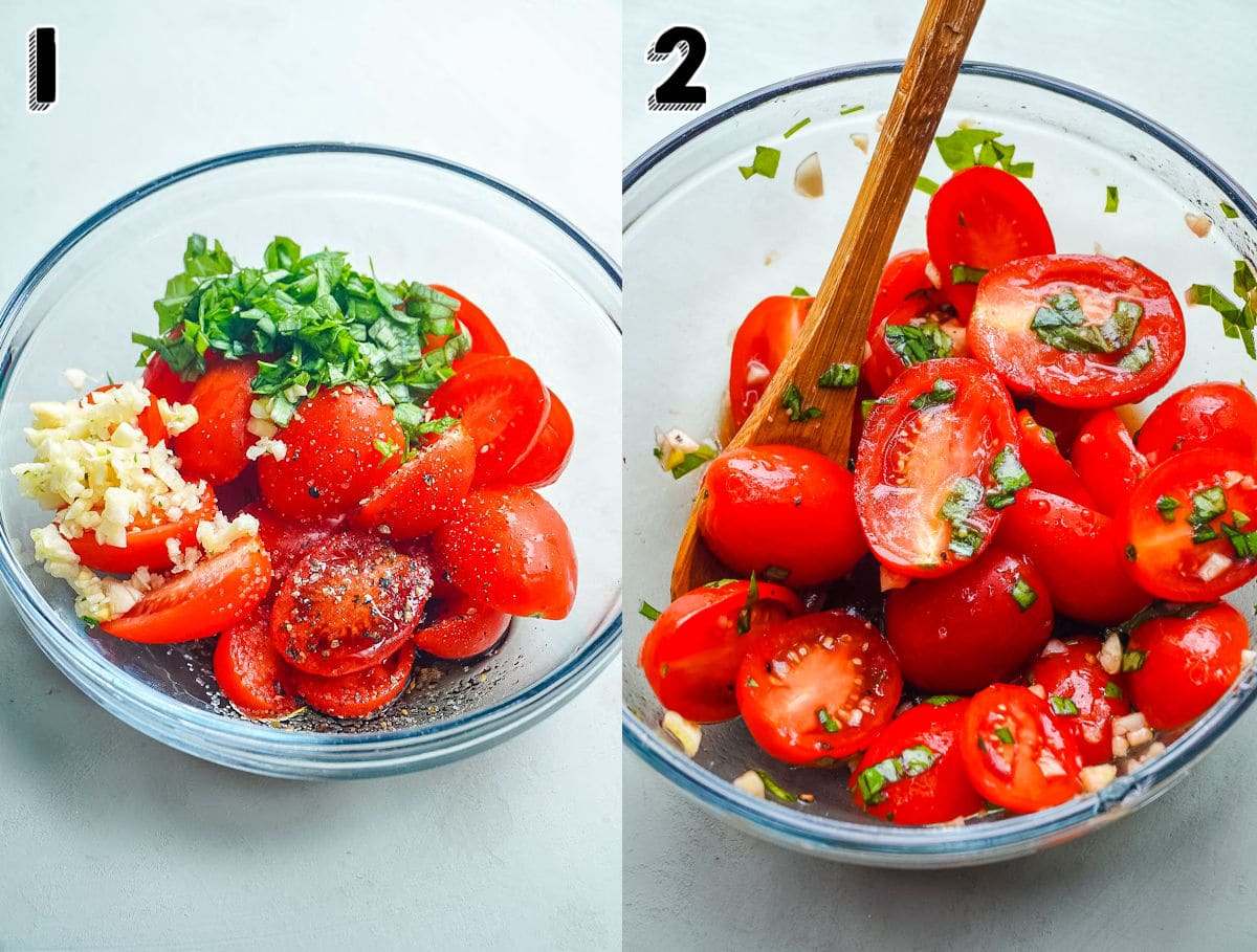 A picture collage of how to make to make marinated tomatoes.