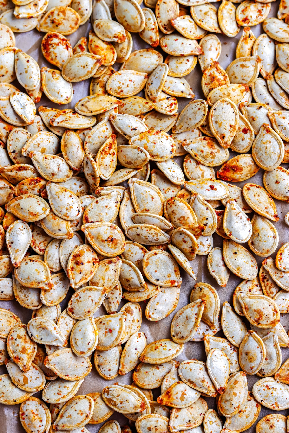 The finished roasted pumpkin seeds fresh from the oven. 