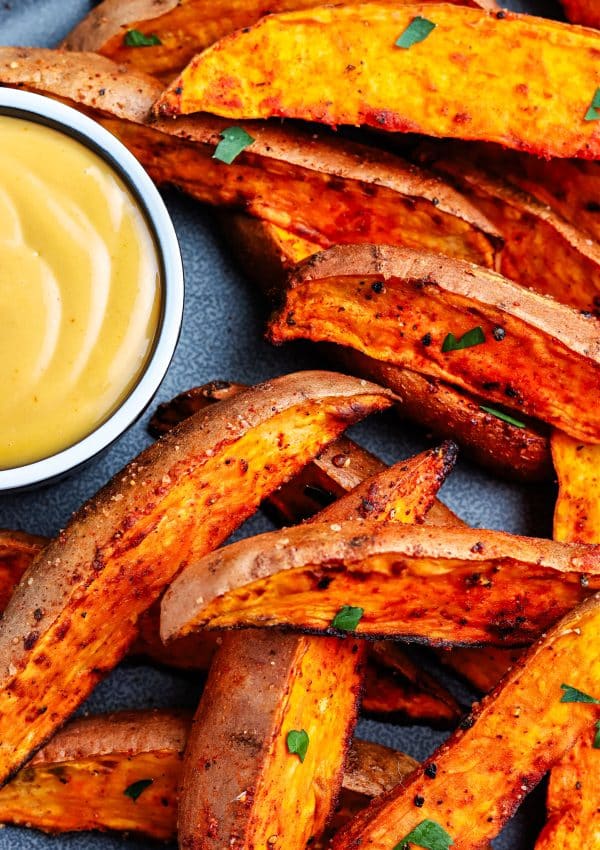 A close up of the finished Air Fryer Sweet Potato Wedges.