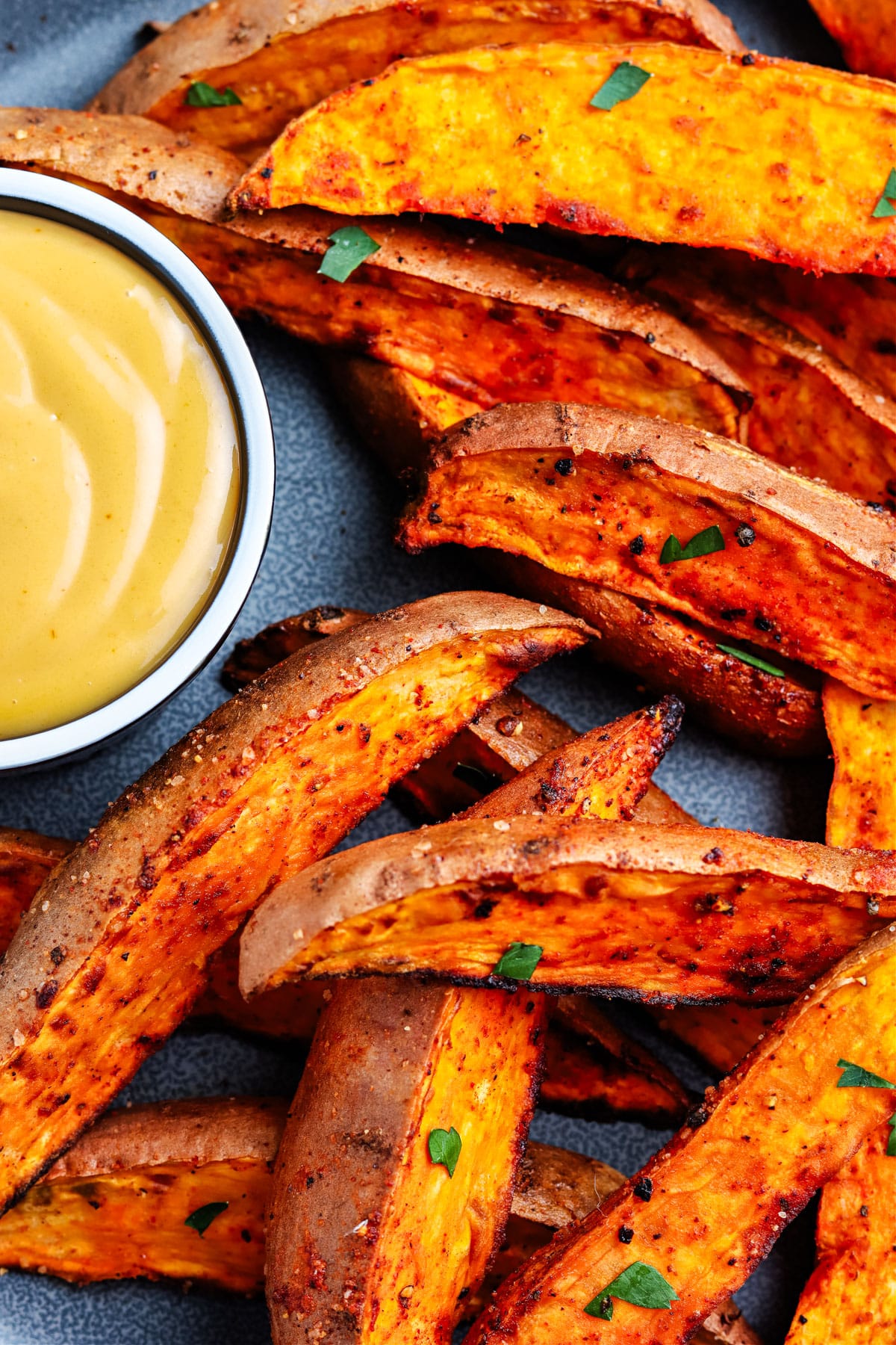 A close up of the finished Air Fryer Sweet Potato Wedges. 