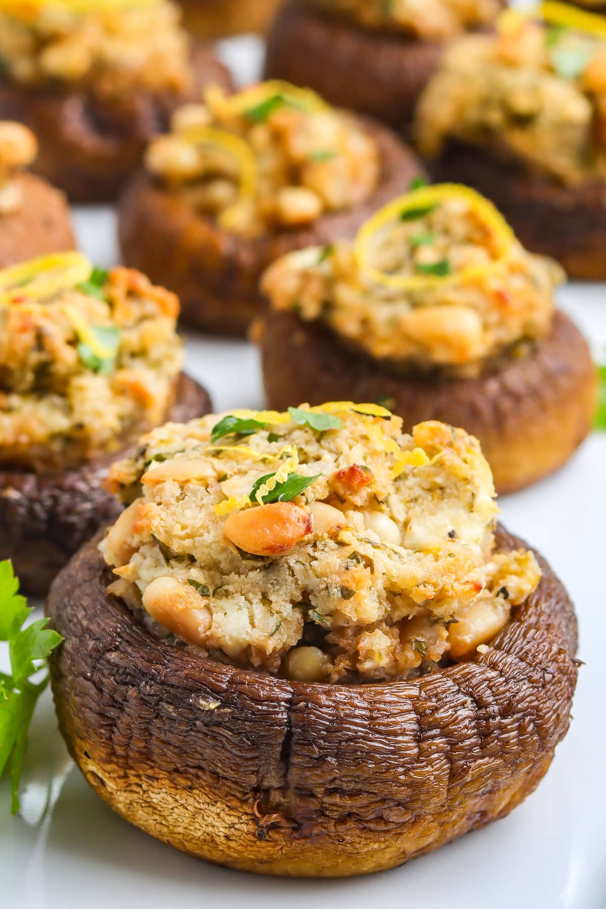 A close up picture of the finished Goat Cheese Stuffed Mushrooms on a white platter. 