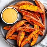 An overhead picture of the Sweet Potato Air Fryer Wedges on a plate.