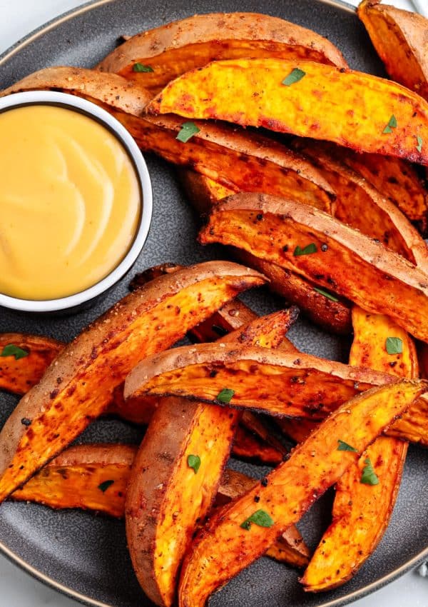 An overhead picture of the Sweet Potato Air Fryer Wedges on a plate.