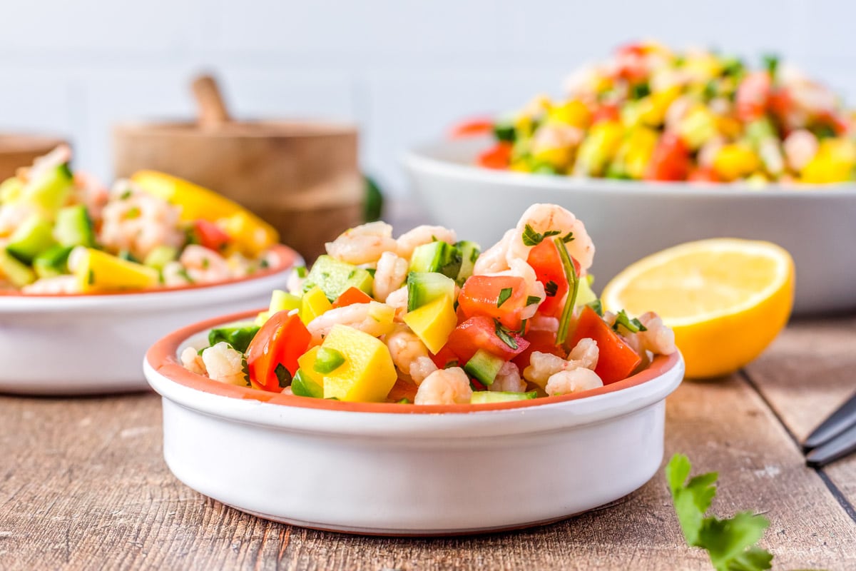 Ceviche in a white serving bowl. 
