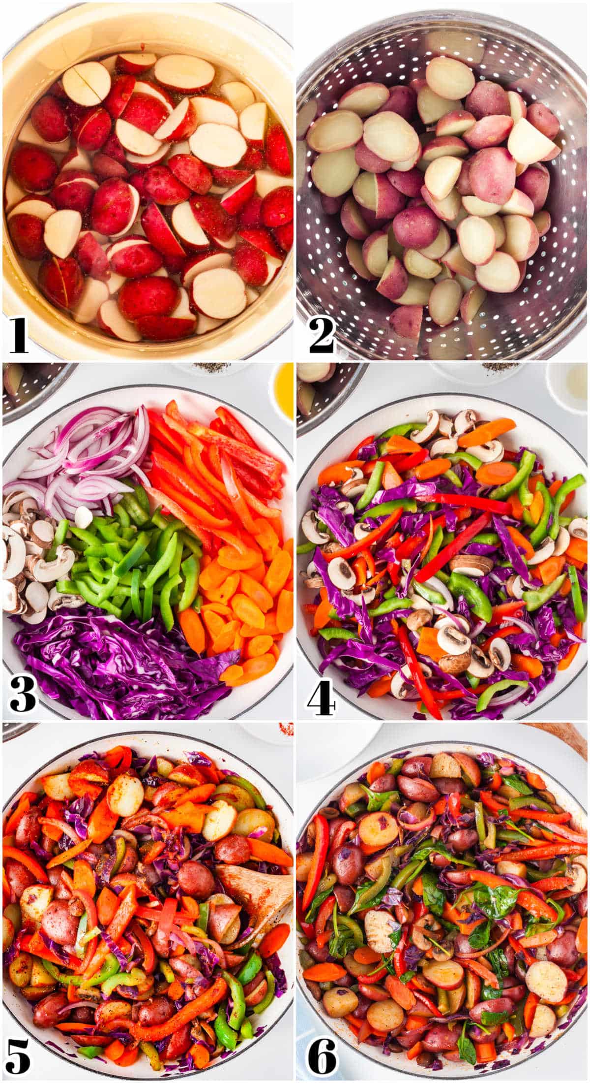 A picture collage showing how to make this recipe from cooking the potatoes to cooking the other veggies.