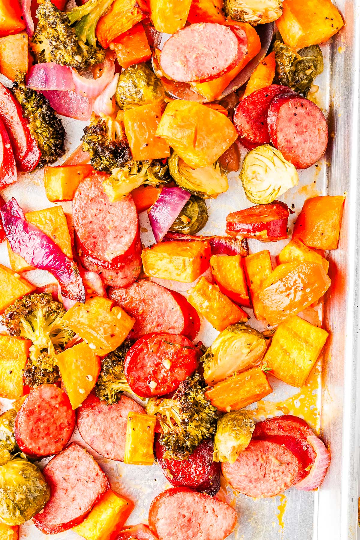 The finished Fall sheet pan dinner straight from the oven.